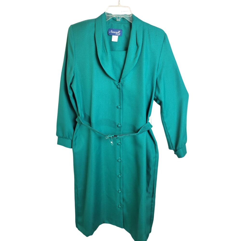 NWT Belted Long Sleeve Shirt Dress VTG Nancy II Green Button Front Womens Sz 12P